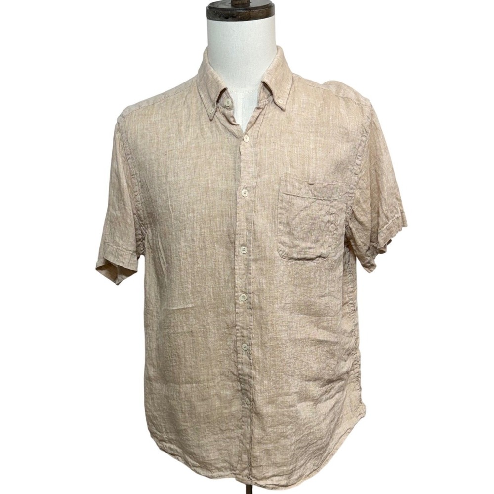 Porter & Ash Shirt Mens XL Tan Linen Short Sleeve Button Down Beachy